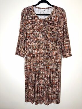 J. Jill Abstract Mosaic Print Stretch Knit Button Front Midi Dress 3/4 Sleeve